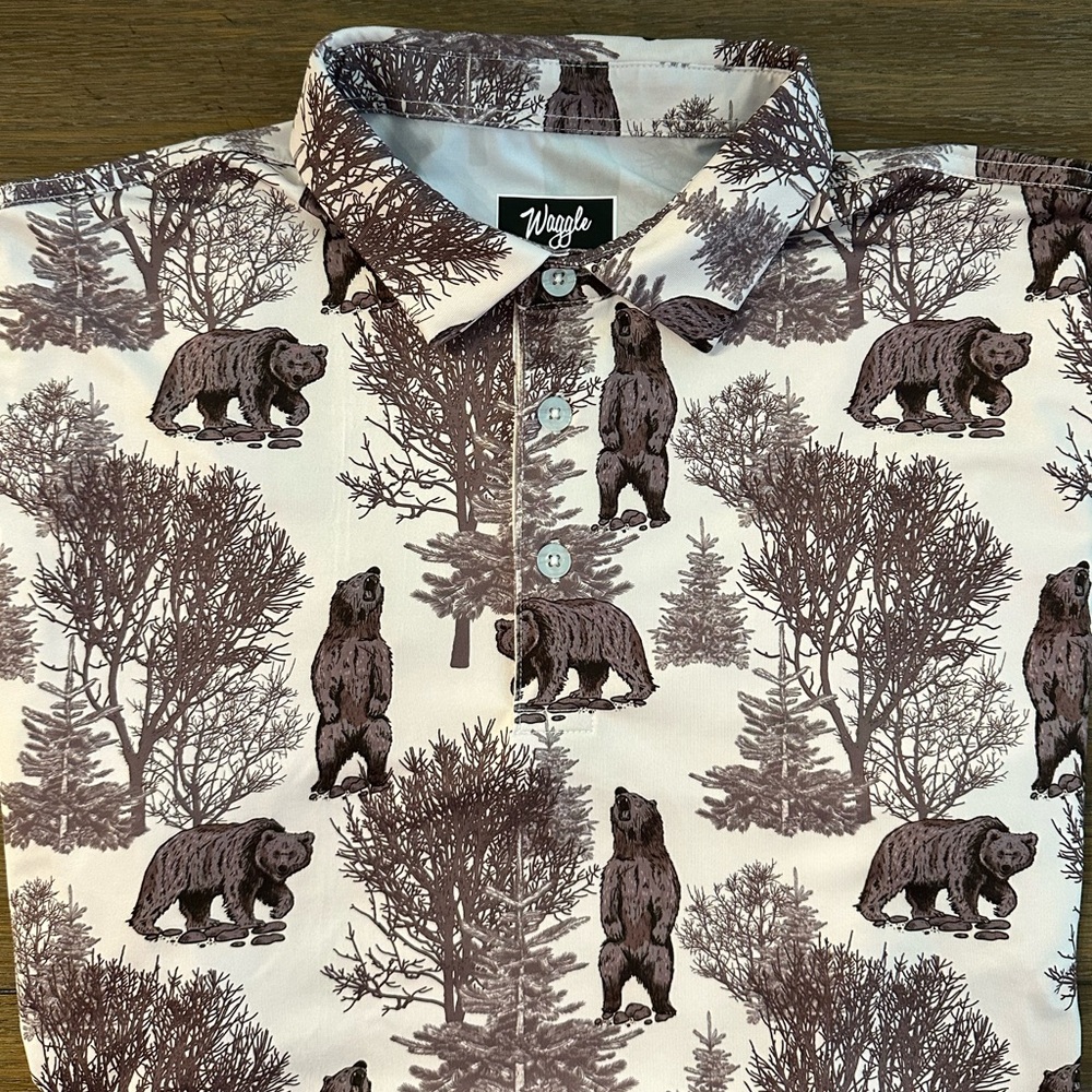 Waggle Bear Print Men's Polo Shirt - Brown and White Size L Gently Worn